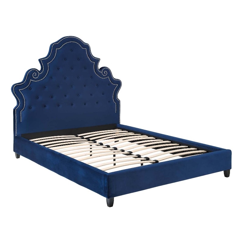 Maklaine Queen Tufted Nailhead Performance Velvet Platform Bed in Navy