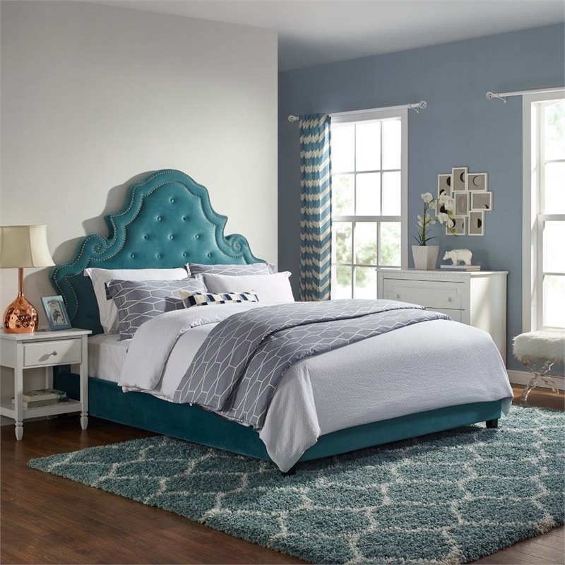 Maklaine Queen Tufted Nailhead Velvet Platform Bed in Sea Blue