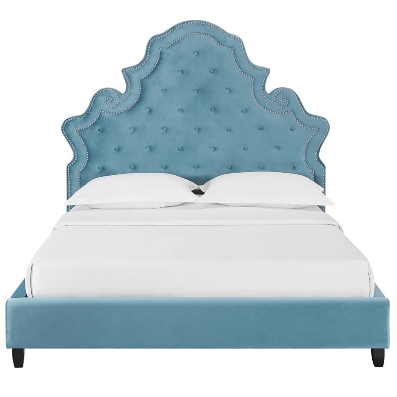 Maklaine Queen Tufted Nailhead Velvet Platform Bed in Sea Blue