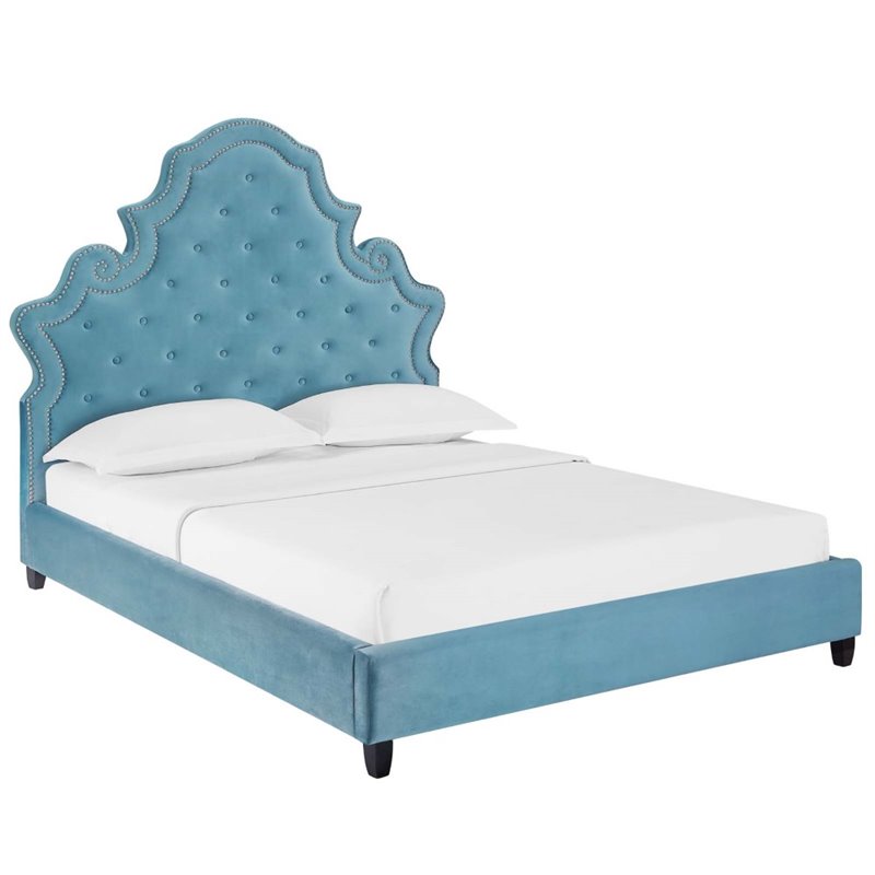 Maklaine Queen Tufted Nailhead Velvet Platform Bed in Sea Blue