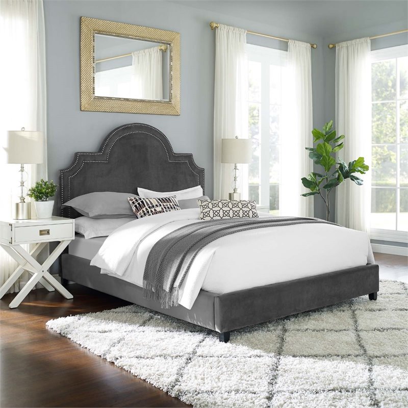 Maklaine Queen Modern Performance Velvet Platform Bed in Gray