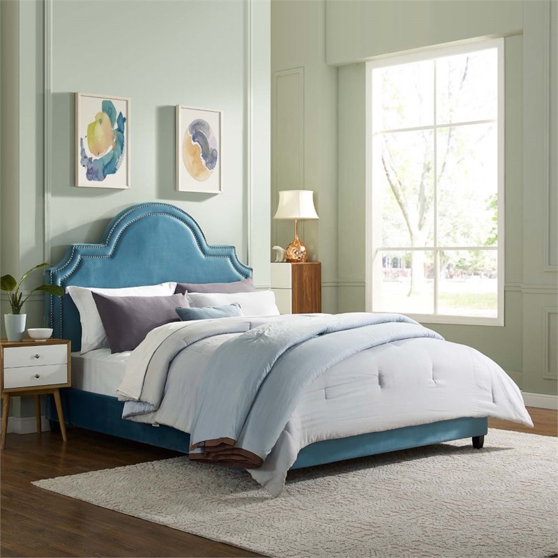 Maklaine Queen Modern Performance Velvet Platform Bed in Sea Blue