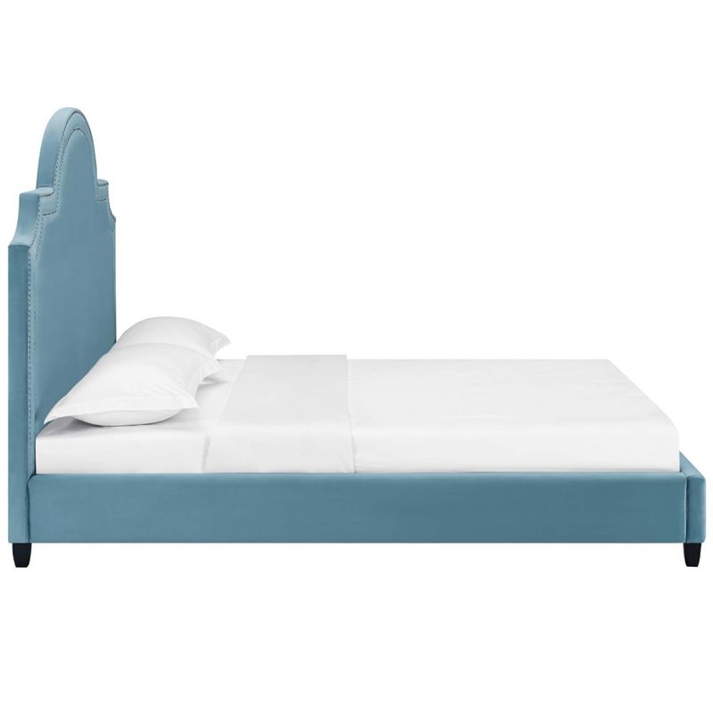 Maklaine Queen Modern Performance Velvet Platform Bed in Sea Blue