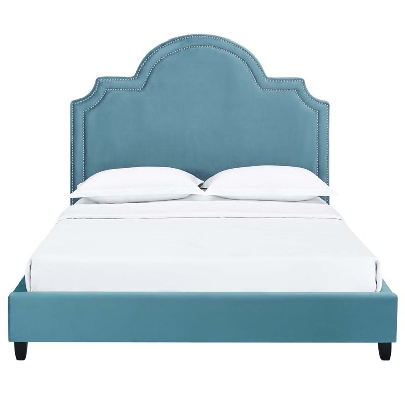 Maklaine Queen Modern Performance Velvet Platform Bed in Sea Blue