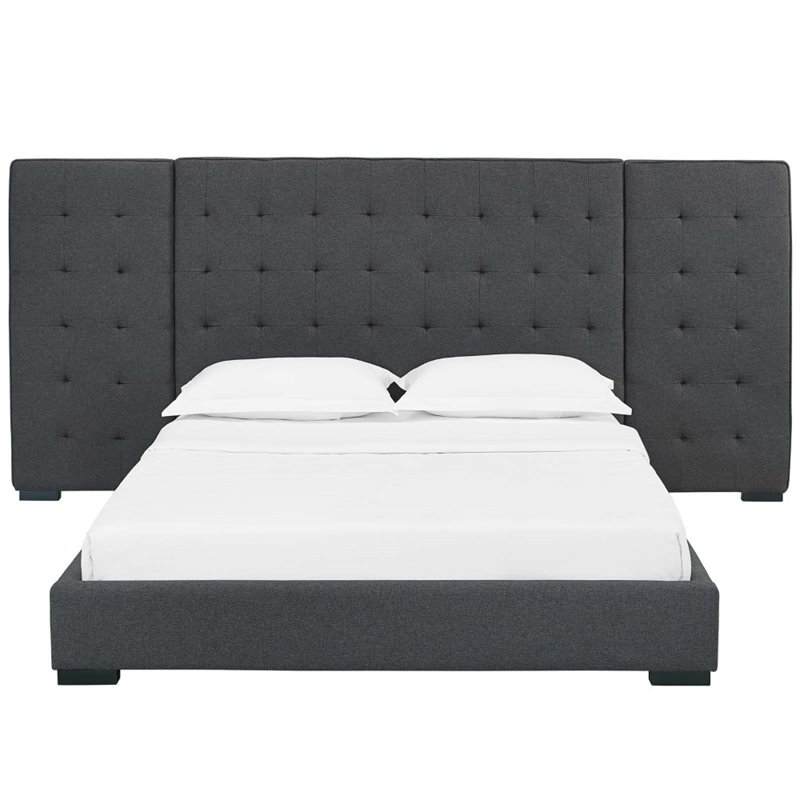 Maklaine Queen Performance Velvet Polyester Platform Bed in Gray