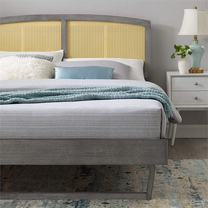 Maklaine Cane Rattan and Wood Queen Platform Bed with Angular Legs in Gray