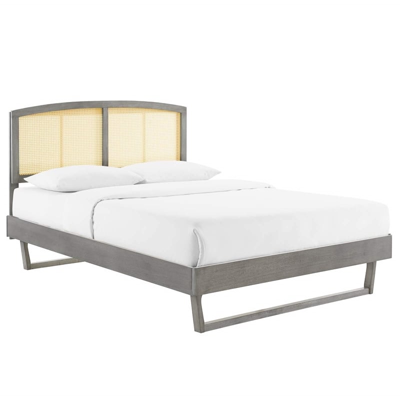 Maklaine Cane Rattan and Wood Queen Platform Bed with Angular Legs in Gray