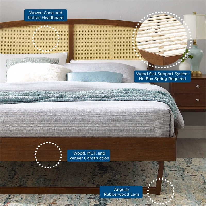 Maklaine Cane Rattan and Wood King Platform Bed with Angular Legs in Walnut