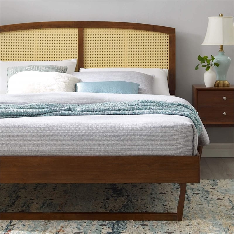 Maklaine Cane Rattan and Wood King Platform Bed with Angular Legs in Walnut