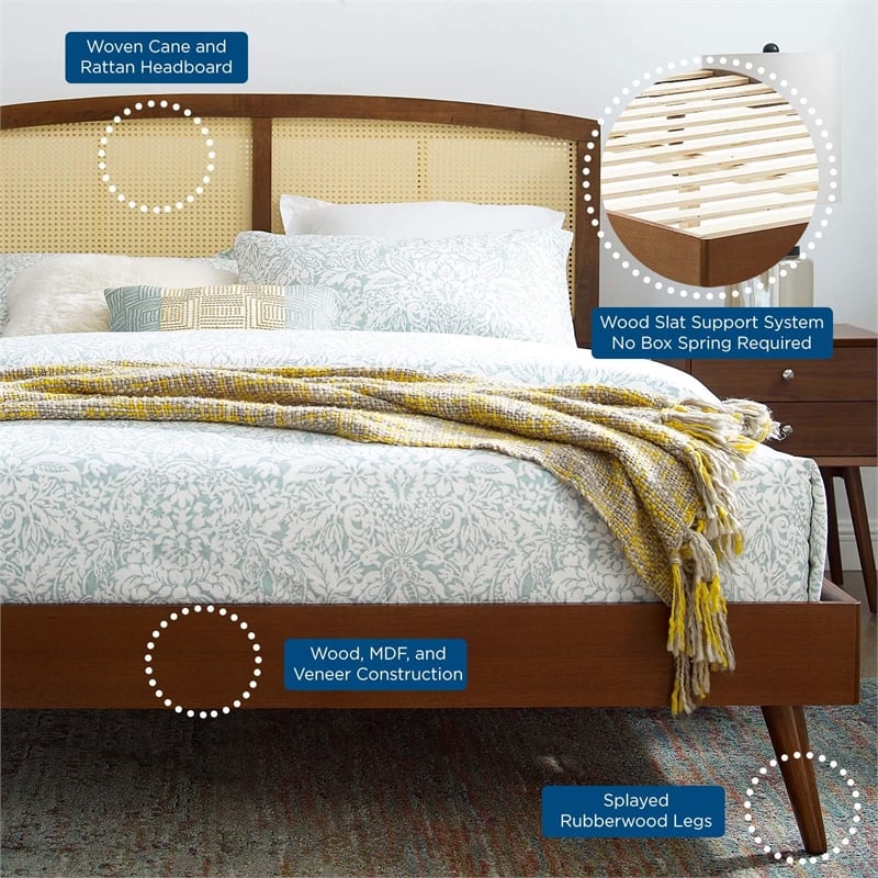 Maklaine Cane Rattan and Wood King Platform Bed with Splayed Legs in Walnut