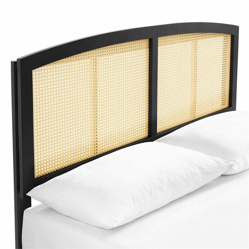 Maklaine Cane Rattan and Wood Full Platform Bed with Angular Legs in Black
