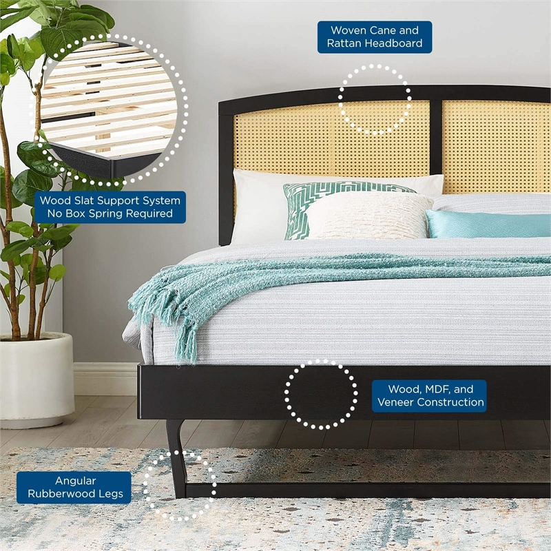 Maklaine Cane Rattan and Wood Full Platform Bed with Angular Legs in Black