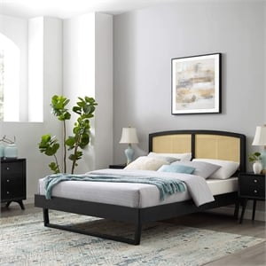 Maklaine Cane Rattan and Wood Full Platform Bed with Angular Legs in Black