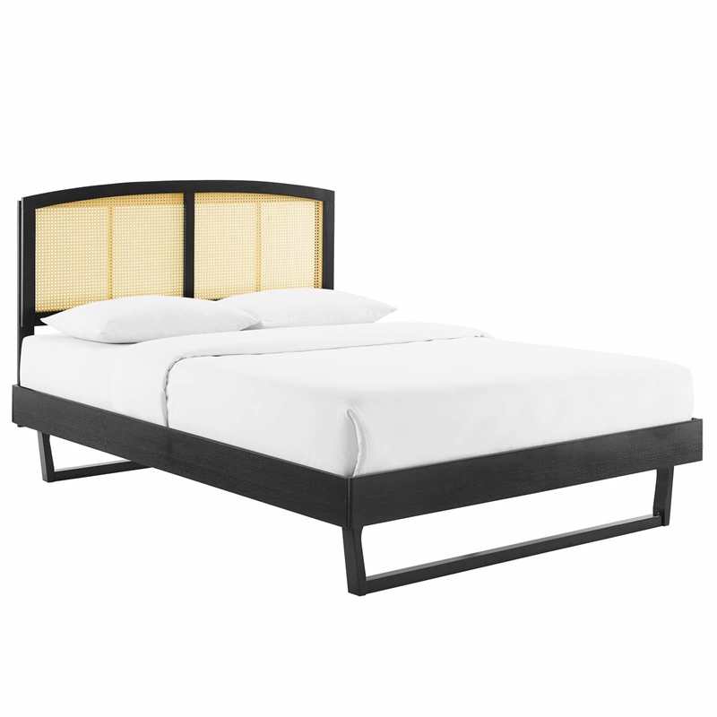 Maklaine Cane Rattan and Wood Full Platform Bed with Angular Legs in Black