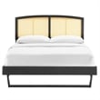 Maklaine Cane Rattan and Wood Full Platform Bed with Angular Legs in Black