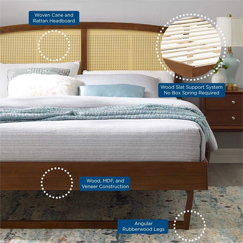 Maklaine Cane Rattan and Wood Full Platform Bed with Angular Legs in Walnut