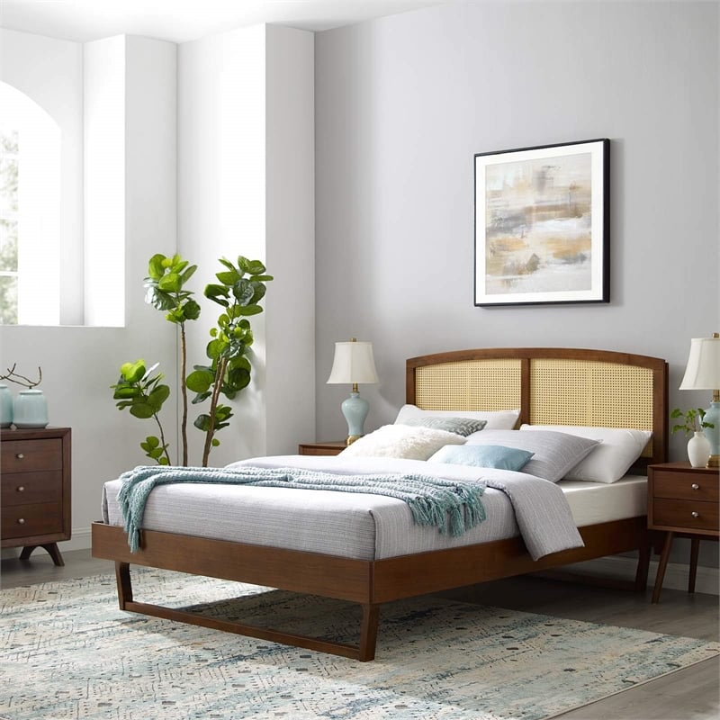 Maklaine Cane Rattan and Wood Full Platform Bed with Angular Legs in Walnut
