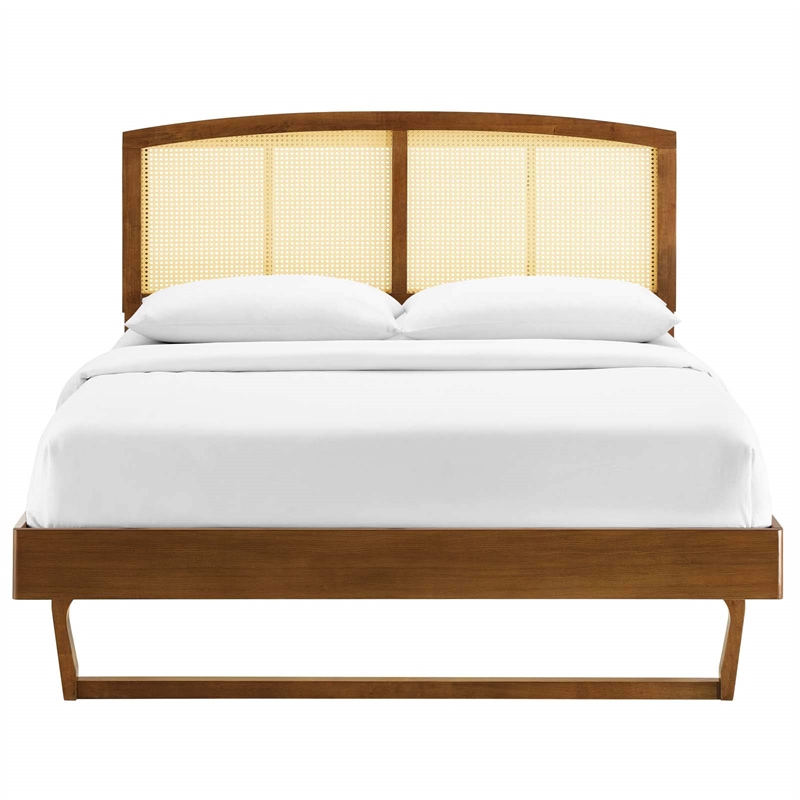 Maklaine Cane Rattan and Wood Full Platform Bed with Angular Legs in Walnut