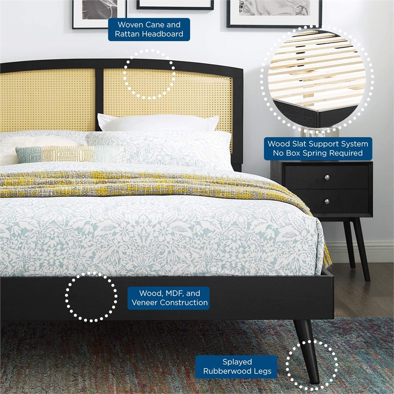 Maklaine Cane Rattan and Wood Full Platform Bed with Splayed Legs in Black
