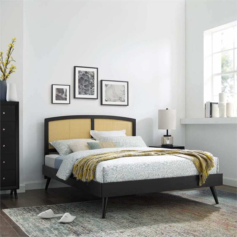 Maklaine Cane Rattan and Wood Full Platform Bed with Splayed Legs in Black