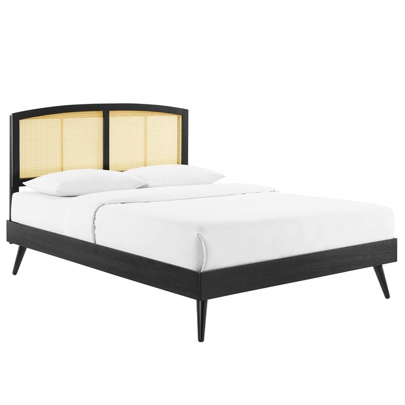 Maklaine Cane Rattan and Wood Full Platform Bed with Splayed Legs in Black