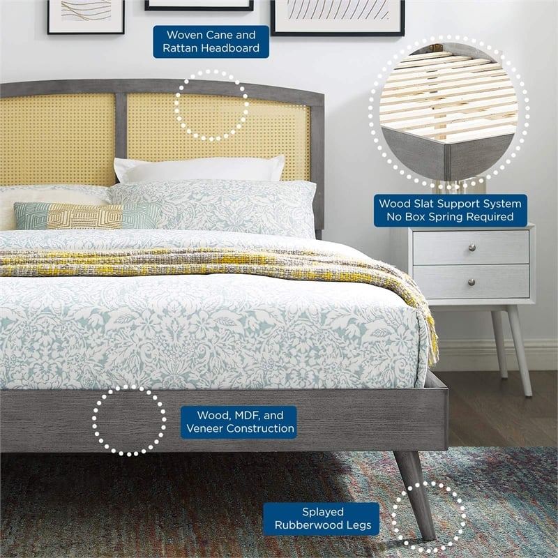 Maklaine Cane Rattan and Wood Full Platform Bed with Splayed Legs in Gray