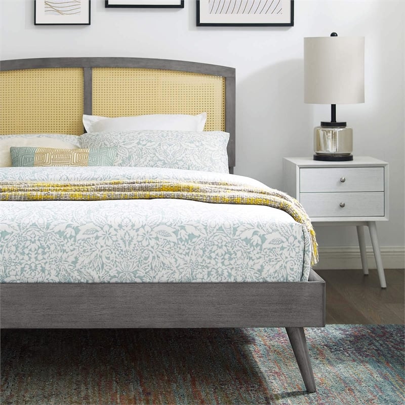 Maklaine Cane Rattan and Wood Full Platform Bed with Splayed Legs in Gray
