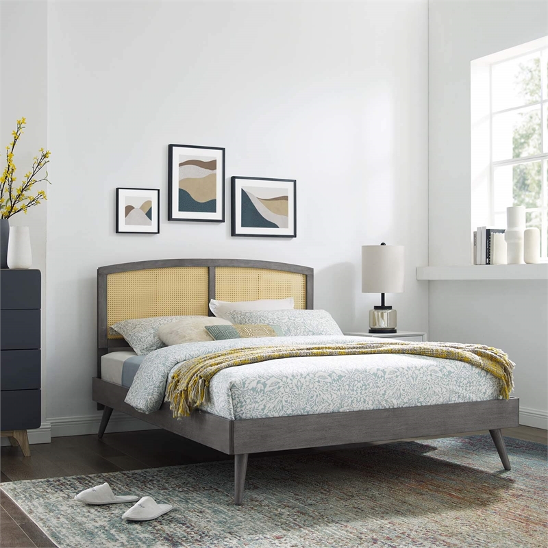 Maklaine Cane Rattan and Wood Full Platform Bed with Splayed Legs in Gray