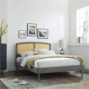 Maklaine Cane Rattan and Wood Full Platform Bed with Splayed Legs in Gray
