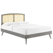 Maklaine Cane Rattan and Wood Full Platform Bed with Splayed Legs in Gray