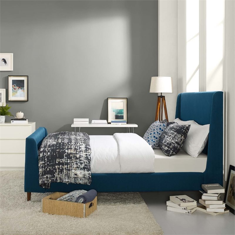 Maklaine Queen Upholstered Polyester Fabric Sleigh Platform Bed in Azure