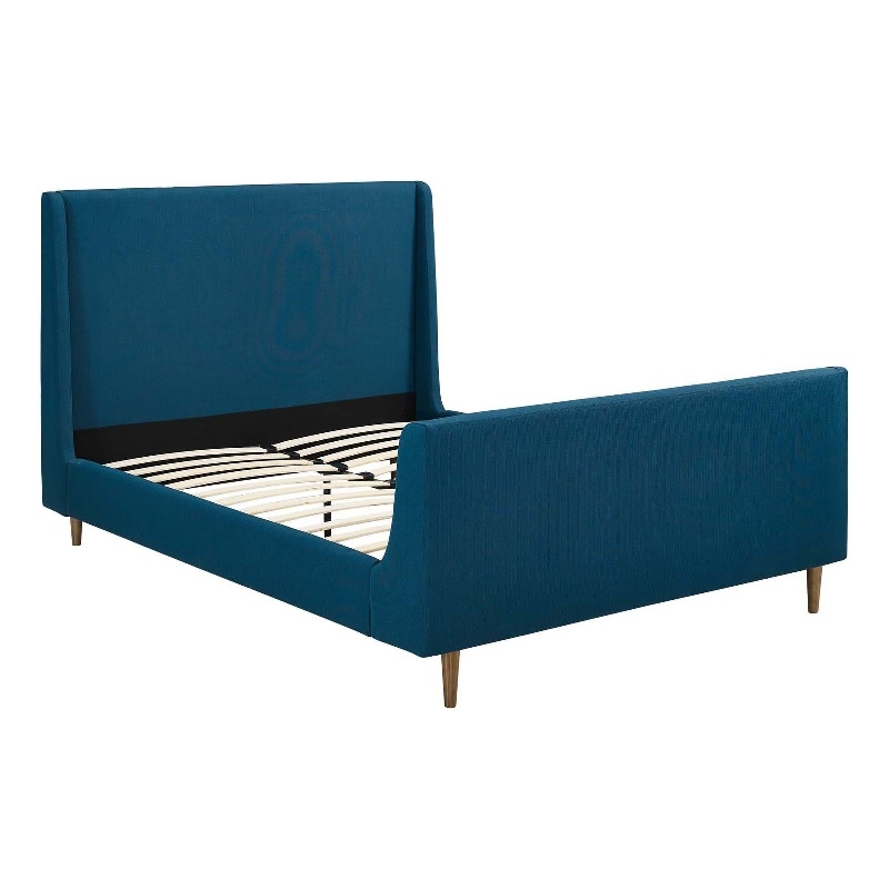 Maklaine Queen Upholstered Polyester Fabric Sleigh Platform Bed in Azure