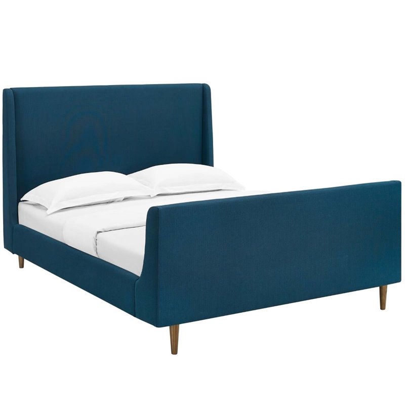 Maklaine Queen Upholstered Polyester Fabric Sleigh Platform Bed in Azure