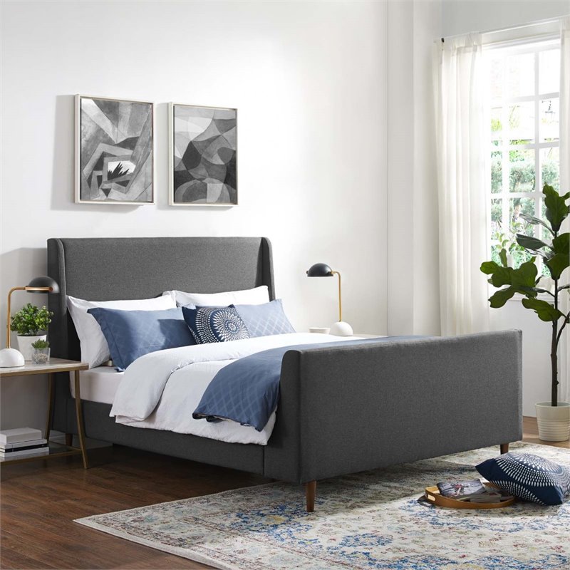 Maklaine Queen Upholstered Polyester Fabric Sleigh Platform Bed in Gray