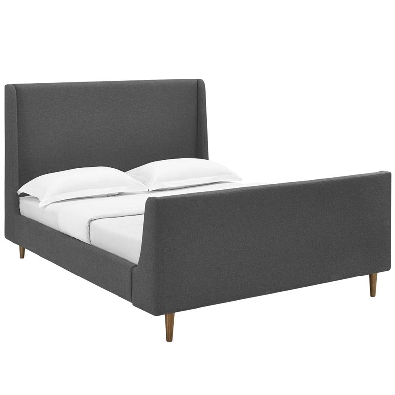 Maklaine Queen Upholstered Polyester Fabric Sleigh Platform Bed in Gray