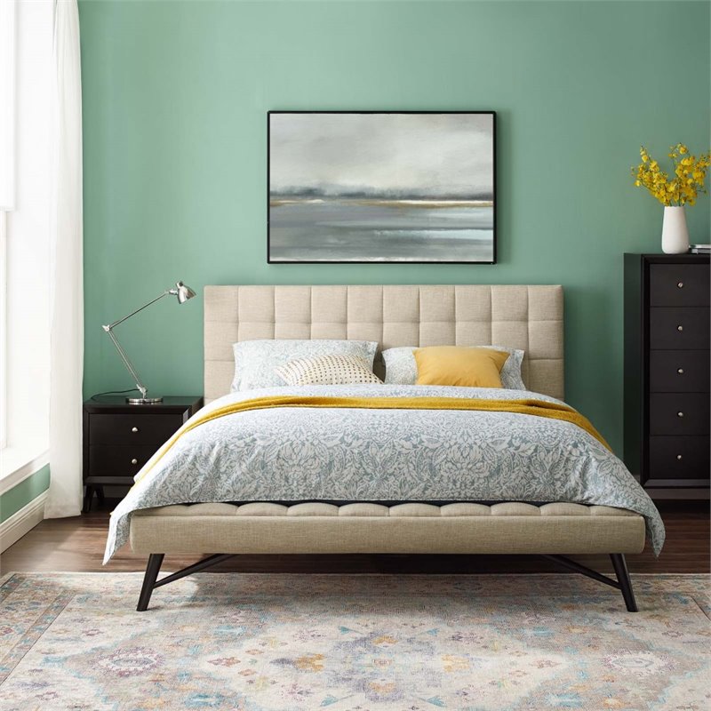 Maklaine Queen Biscuit Tufted Upholstered Fabric Platform Bed in Beige