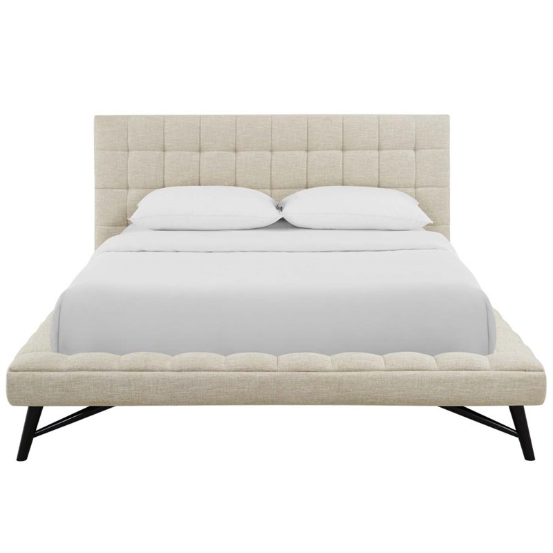 Maklaine Queen Biscuit Tufted Upholstered Fabric Platform Bed in Beige