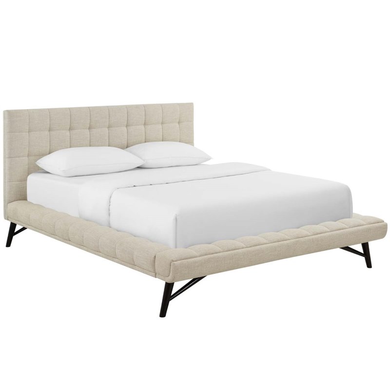 Maklaine Queen Biscuit Tufted Upholstered Fabric Platform Bed in Beige