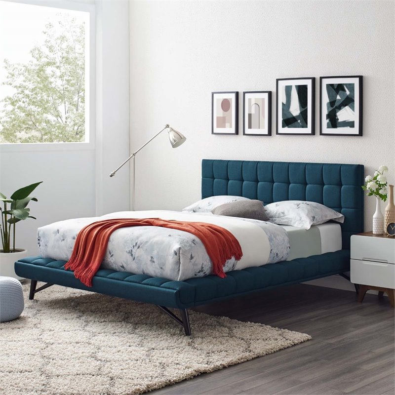 Maklaine Queen Biscuit Tufted Upholstered Fabric Platform Bed in Blue