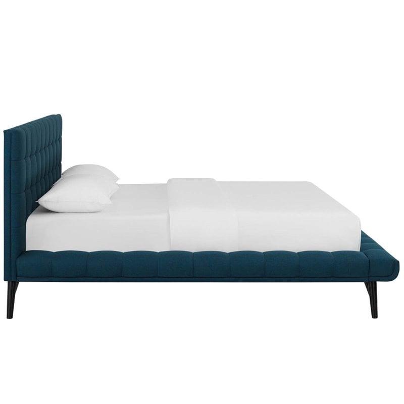 Maklaine Queen Biscuit Tufted Upholstered Fabric Platform Bed in Blue