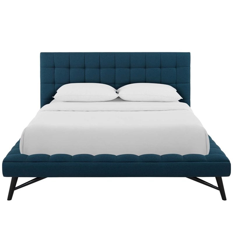 Maklaine Queen Biscuit Tufted Upholstered Fabric Platform Bed in Blue