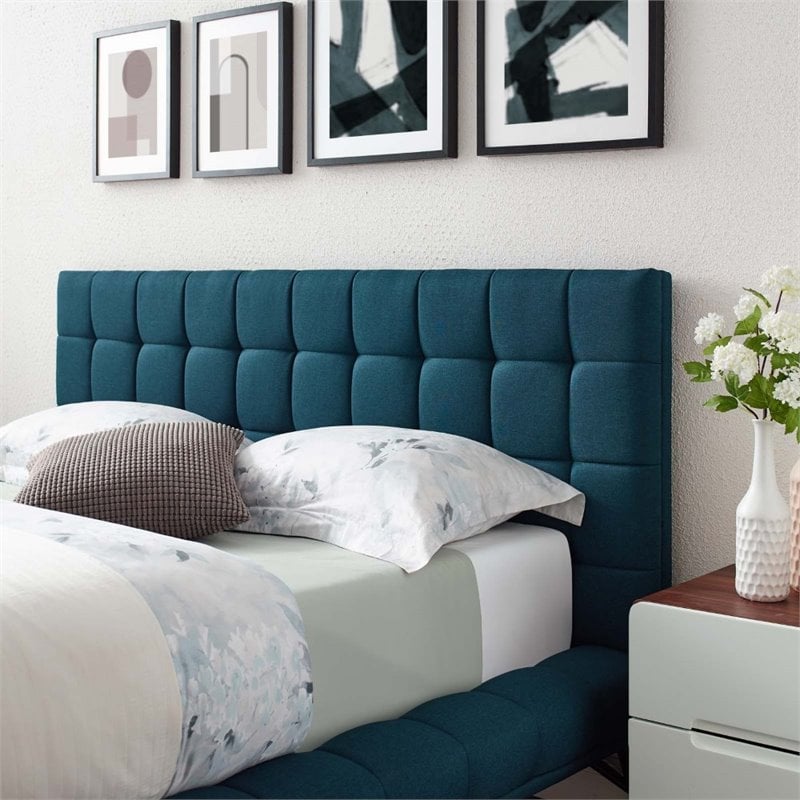 Maklaine Queen Biscuit Tufted Upholstered Fabric Platform Bed in Blue