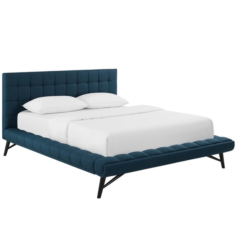 Maklaine Queen Biscuit Tufted Upholstered Fabric Platform Bed in Blue