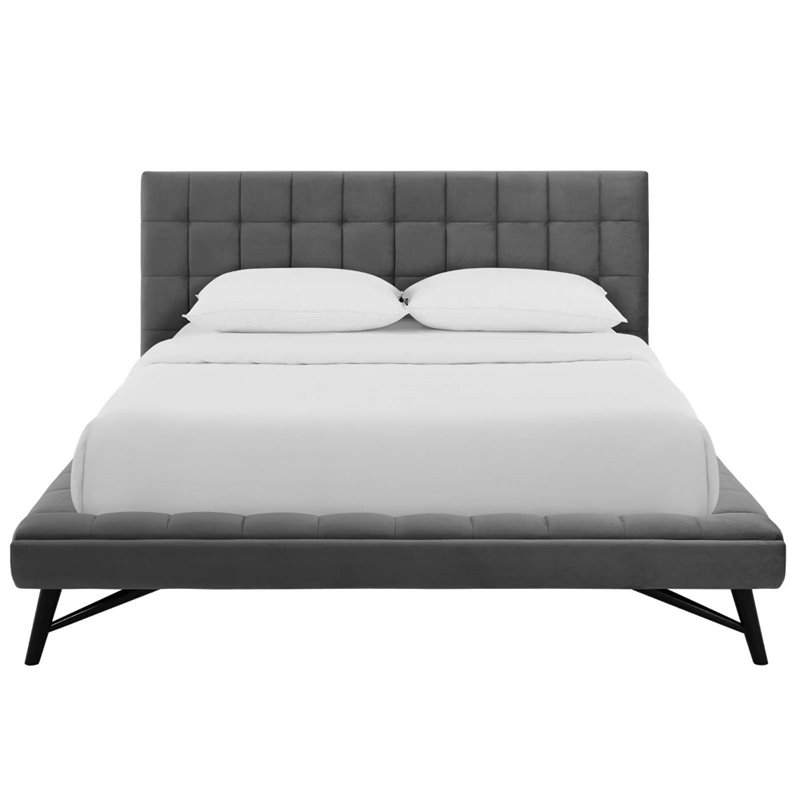 Maklaine Queen Biscuit Tufted Performance Velvet Platform Bed in Gray