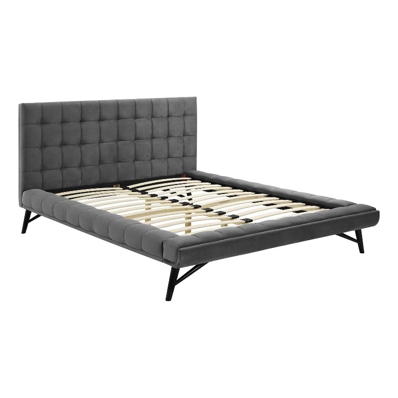 Maklaine Queen Biscuit Tufted Performance Velvet Platform Bed in Gray