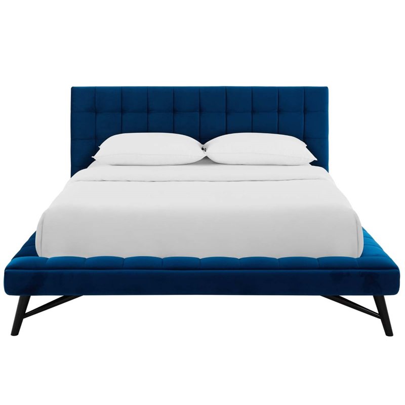 Maklaine Queen Biscuit Tufted Performance Velvet Platform Bed in Navy