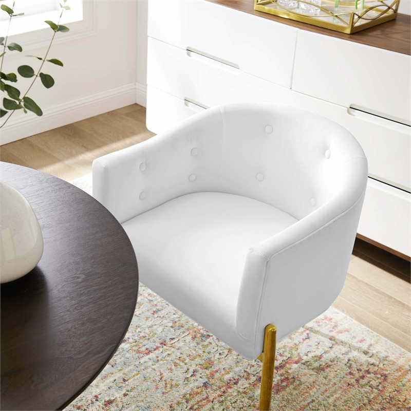 Maklaine Tufted Performance Velvet Stainless Steel Accent Chair in White