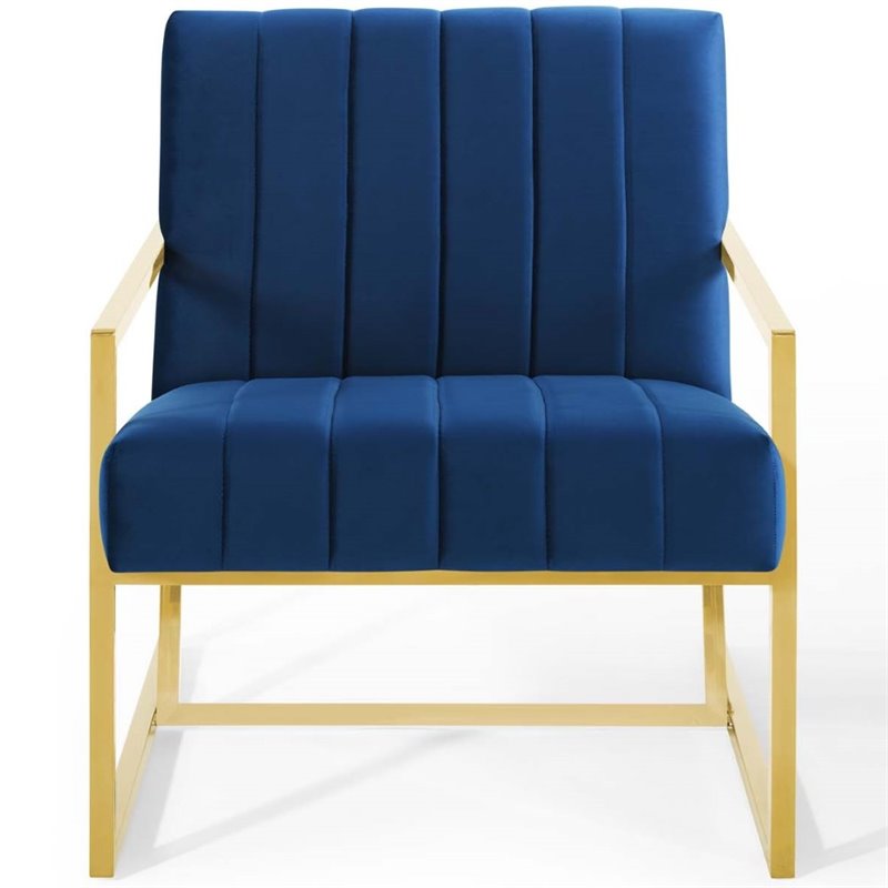 Maklaine Contemporary Channel Tufted Performance Velvet Armchair in Navy