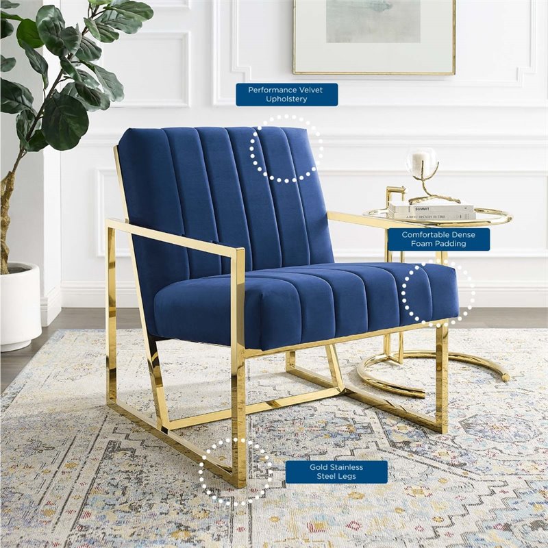 Maklaine Contemporary Channel Tufted Performance Velvet Armchair in Navy