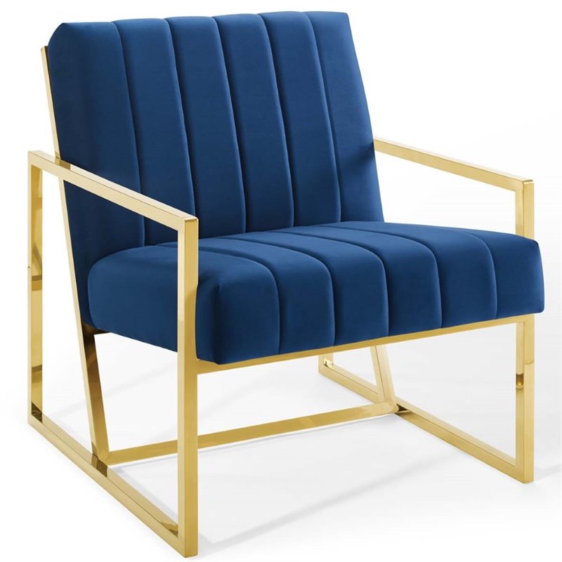 Maklaine Contemporary Channel Tufted Performance Velvet Armchair in Navy